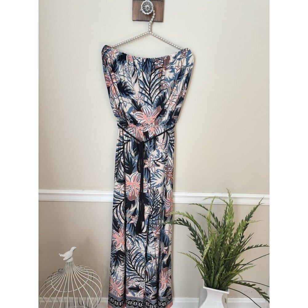 NWT Sandiva Womens Size L Tropical Strapless Jumpsuit Romper Stretch Belted